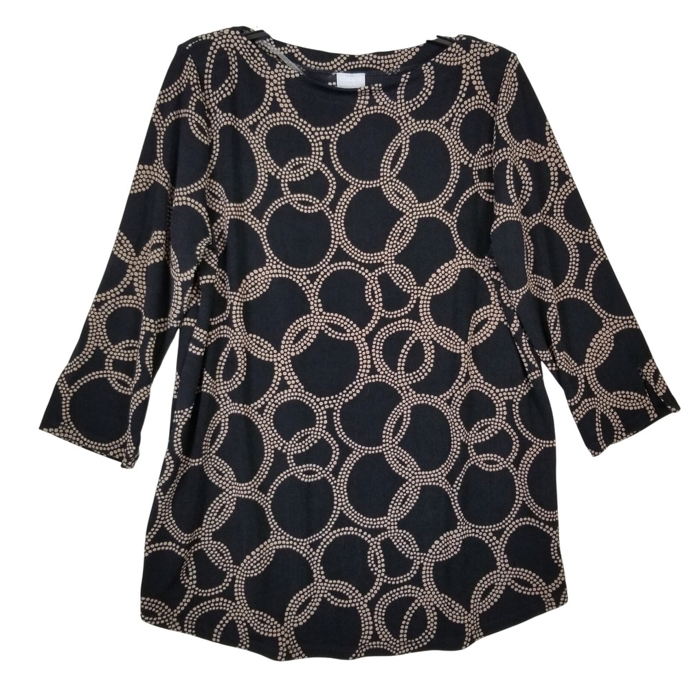 Chico's Travelers Dot Ripples Straight Neck Top Black Neutral 3/4 Sleeve 12/14